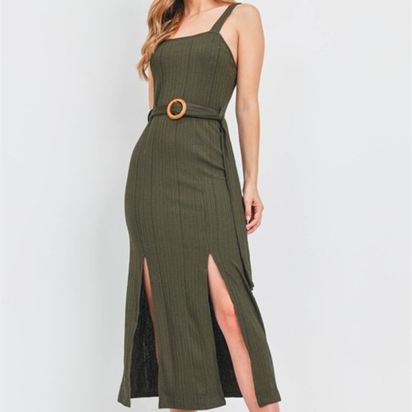 Olive Belted ribbed Dress - Picture 5 of 14